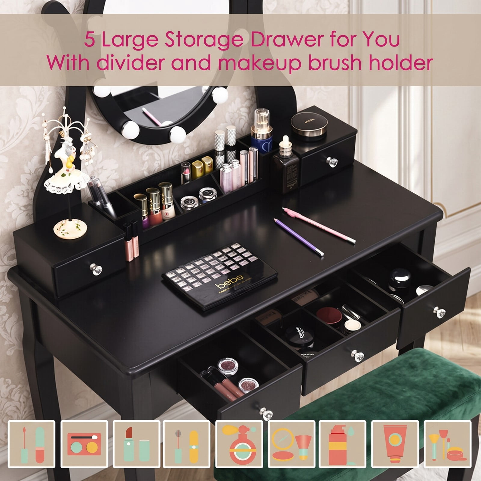 Furnibear Vanity Table Set with 10 Dimmable Light Oval Mirror and Cushioned Stool and 5 Drawers for Bedroom Makeup and Dressing, Black