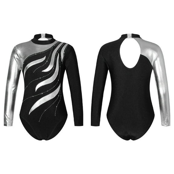 iiniim Kids Girls Metallic Long Sleeve Dance Leotards Sparkly Gymnastics Ballet Dancing Athletic Workout Sportwear Black 12
