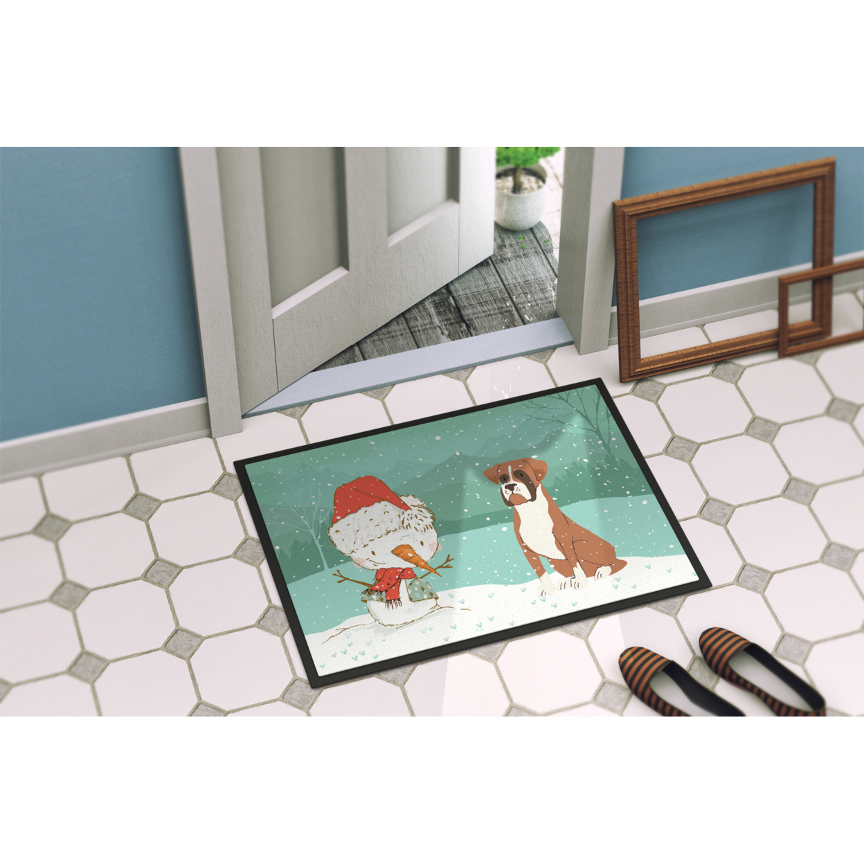 Carolines Treasures CK2036JMAT Fawn Boxer and Snowman Christmas Door Mat Indoor Rug or Outdoor Welcome Mat 24x36 Doormat