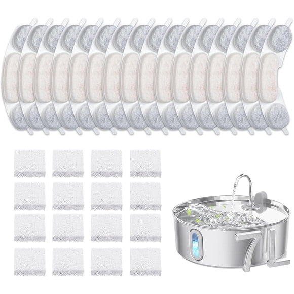 Lot de 16 Filtres de Remplacement pour Smartoo 7L/236oz Fontaine d'Eau pour Chien en Acier Inoxydable, Filtre de Bol d'Eau pour Chien avec Éponges Pré-Filtrantes et Filtres à Charbon Actif