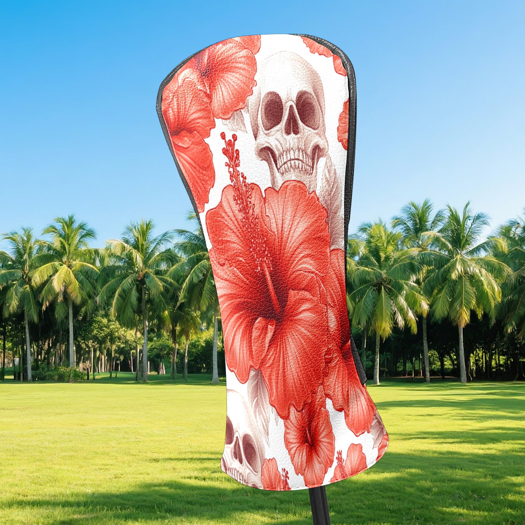 Golf Club Covers PU Leather Waterproof Head Covers for Fairway Woods Hybrids Hibiscus Flower Skull