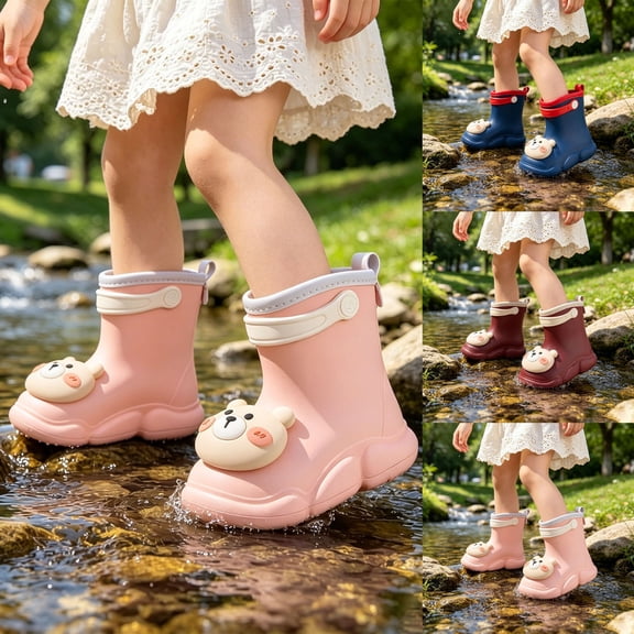 LRen Kids Cute Bear Charm Rain Boots Waterproof Non- Outdoor Rain Shoes for Toddler Boys Girls, Preschool Daily Wear Ages 2-9