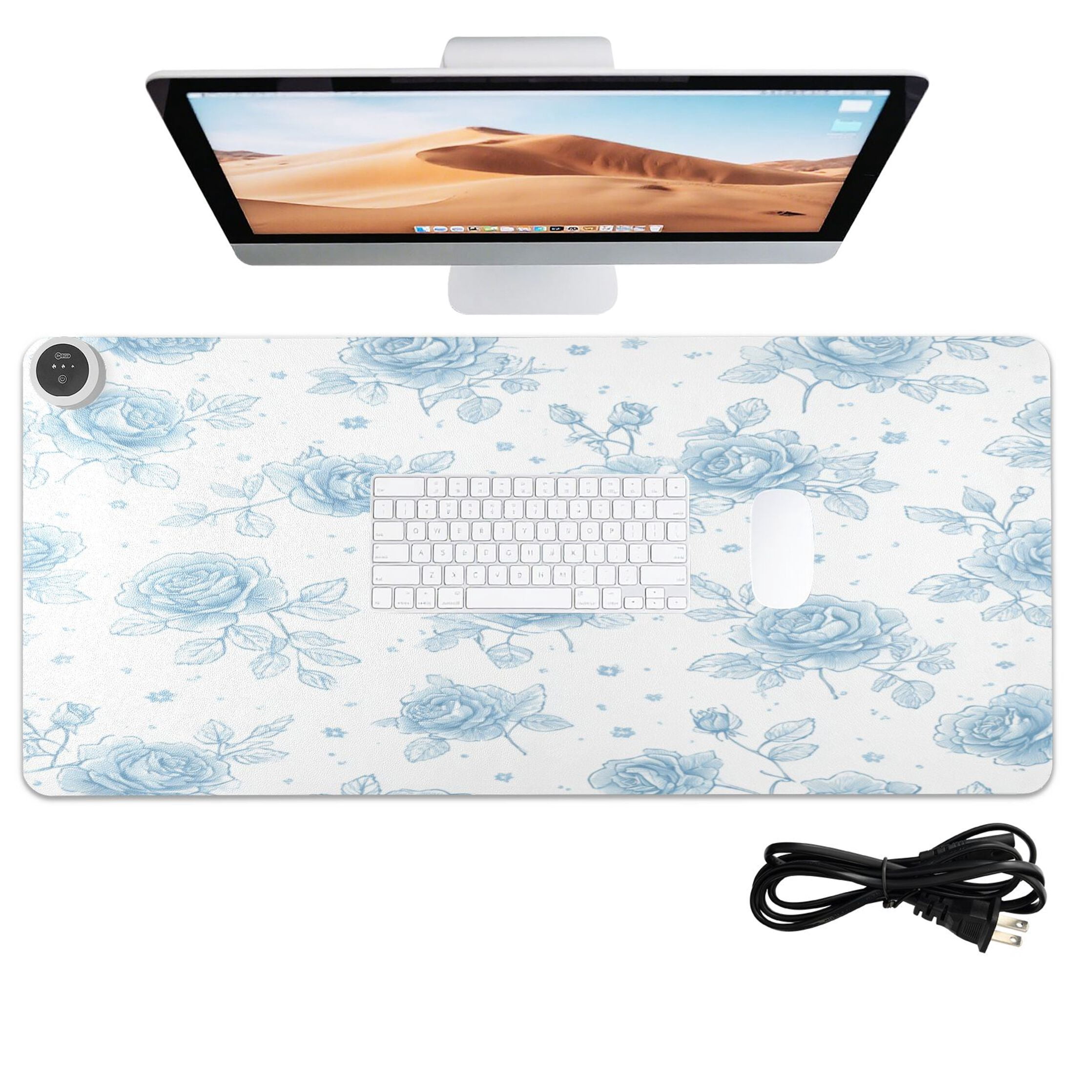 Large Heated Desk Mat Mouse Pad 31.5"x13"PU Leather Graphene Heating Desk Warmer with 3 Temperature Settings 110V US Plug Non-Slip Warm Pad for Home, Office, and Gaming Elegant Blue Rose Garden