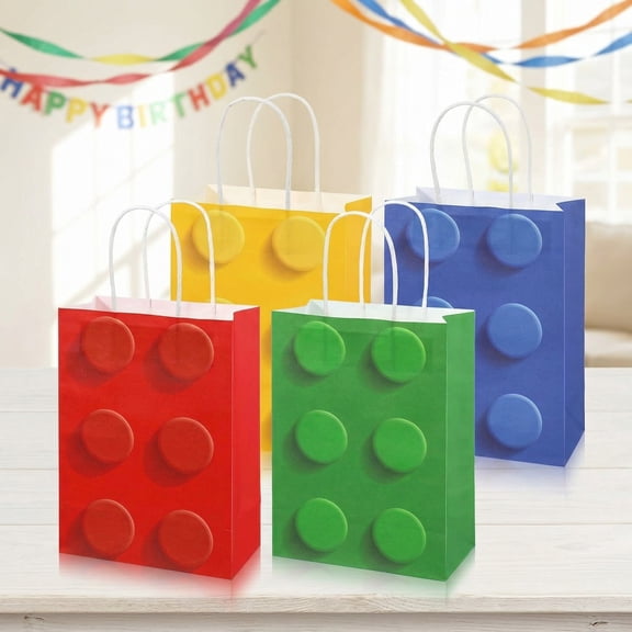 24-Pack Building Block Party Favor Bags - Bricks Design Paper Goodie Bags with Handles for Candy, Birthday Party & Celebration Supplies