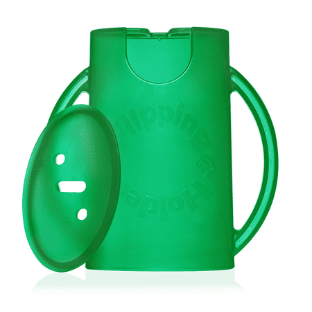 Squeeze Proof Flipping Holder DELUXE with lid for Food Pouches & Juice Boxes (Green) - Multipurpose Design with Cover - Prevent Messes & Support Self-Feeding - Handles for Easy Grasping