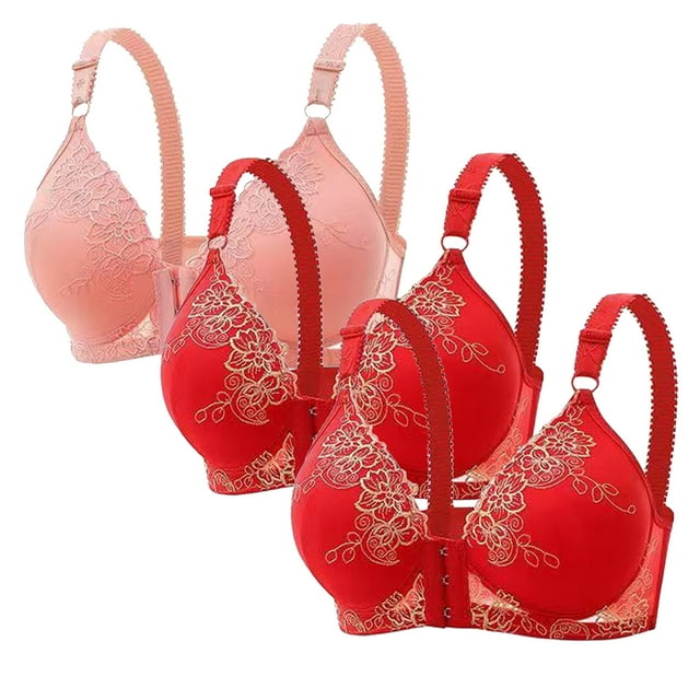 fheaev 3Pc Front Close Bras for Women Plus Size Wirefree Support Posture No Underwire Full Coverage Bra Adjustable Shoulder Strap Comfort Push Up Lace Breathable Front Buckle Open Everyday Bras