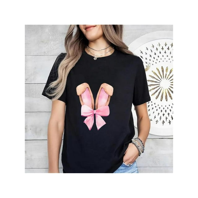 Easter Pink Bow Graphic Print T-Shirt, Short Sleeve Crew Neck Casual Top For Summer & Spring, Women's Clothing Tee For Adult, Men, Women, Teen, Teenager, Adolescent, Youth.