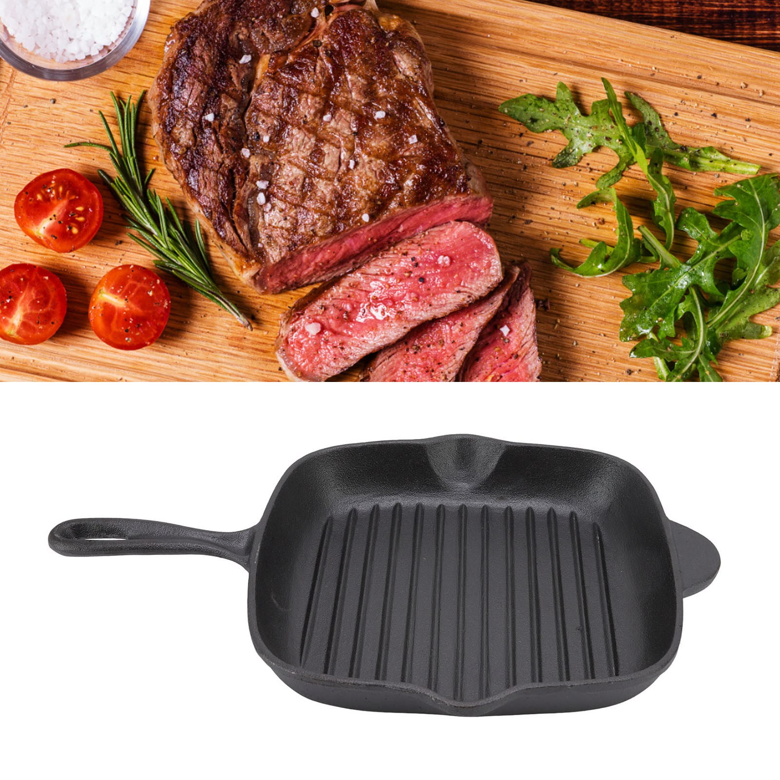 YAHHU Premium Cast Iron Grill Pan 10.2 Inches / 26 CM Square Steak Skillet for Home Camping and Restaurant Baking Grilling