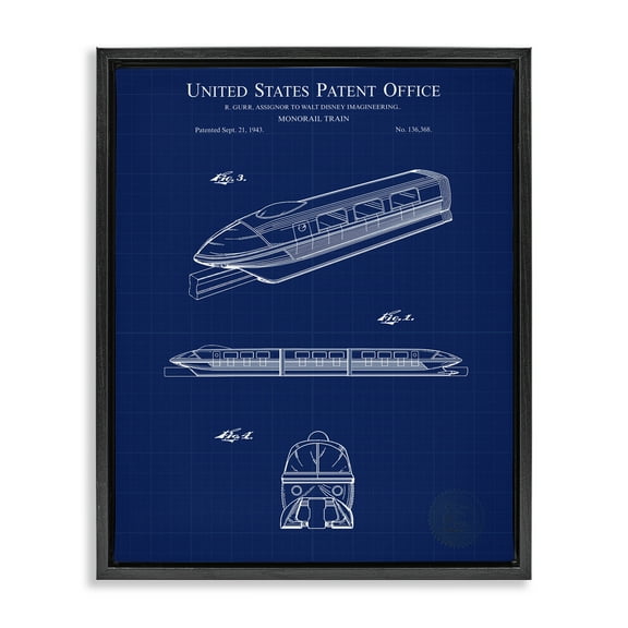 Stupell Industries Monorail Train Blueprint Transportation Painting Black Floater Framed Art Print Wall Art, 17 x 21