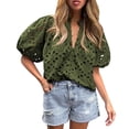 thumbnail image 1 of Camisa de Mujer PRETTYGARDEN Cuello en V con Encaje Bordado Verde Militar Talla L, 1 of 8