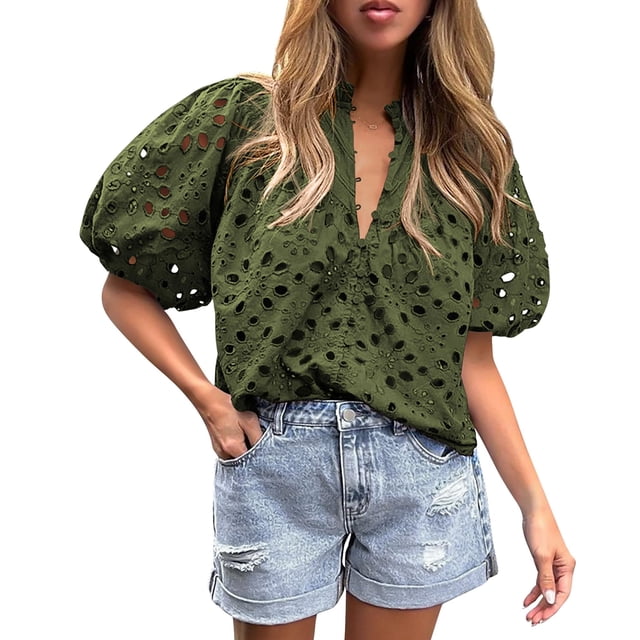 Camisa de Mujer PRETTYGARDEN Cuello en V con Encaje Bordado Verde Militar Talla L