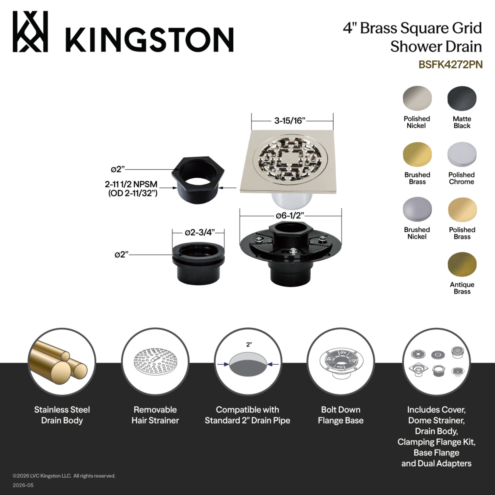 Kingston Brass BSFK4272BN Watercourse 4-Inch Brass Square Grid Shower Drain with Hair Strainer and Base Flange in Brushed Nickel