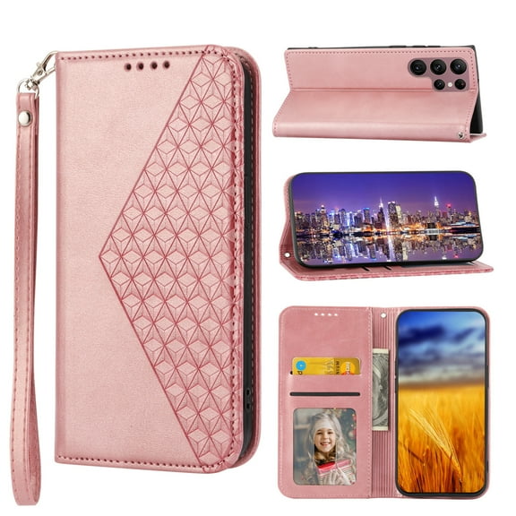 Tarise for Samsung Galaxy S23 Ultra 5G Flip Cover, Luxury PU Leather Shockproof Folding Kickstand Card Holder Pocket Wallet Wrist Strap Handbag Phone Case for Samsung S23 Ultra 6.8 inch, Rosegold
