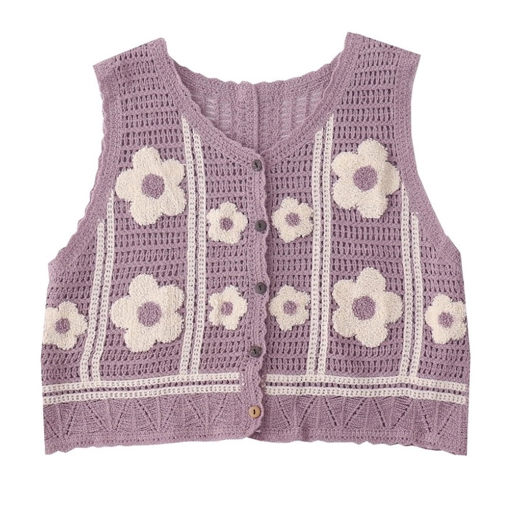 Women Retro Patch Knitted Vest Hollow Sweater Waistcoat Pullover Tops  Ethnic