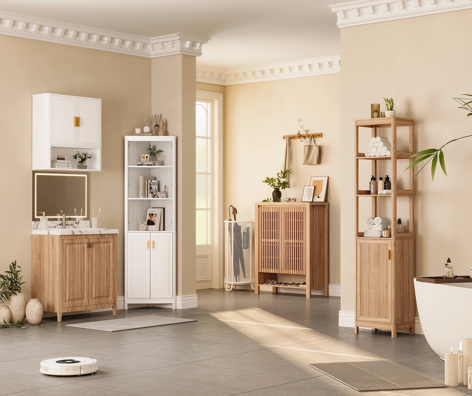 68" Tall Fluted Corner Cabinet for Bathroom, Modern Living Room & Kitchen - 5 Adjustable Shelves, Space-Saving Storage, Curved Profile Design White