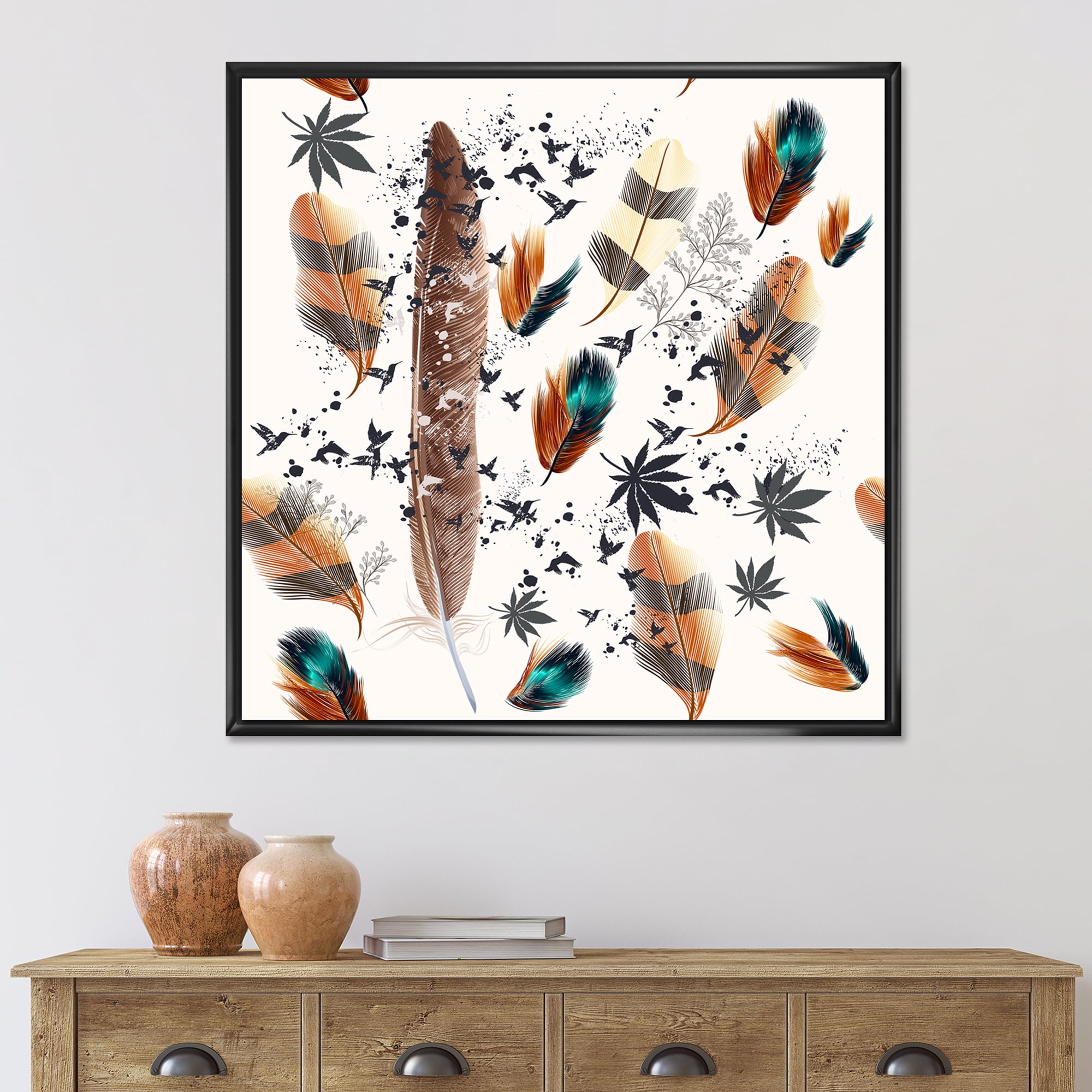 Designart 'Multicolored Feather Pattern With Floral' Bohemian & Eclectic Framed Canvas Wall Art Print