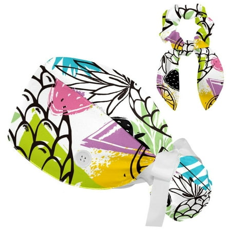 

Working Cap with Buttons and Sweatband Scrub Hat Bouffant Caps with Scrunchie Pineapple Tie Back Hats