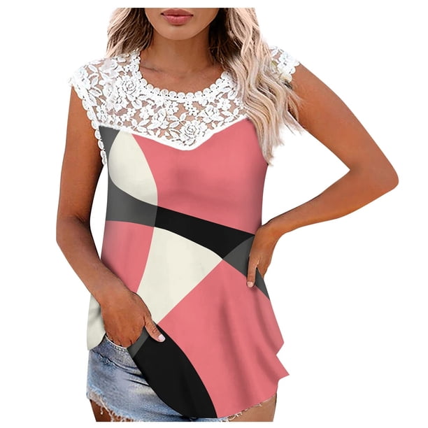 Camiseta sin mangas de encaje con estampado de mujer Camiseta sin mangas de empalme de cuello redondo Camiseta ligera y cómoda delgada OAVQHLG3B Store lin121212