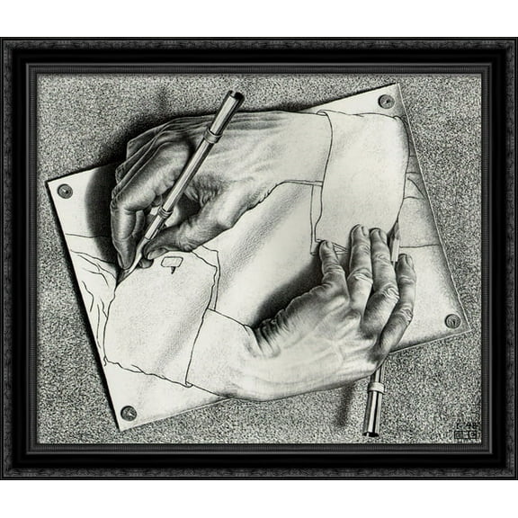 Drawing Hands 32x28 Large Black Ornate Wood Framed Canvas Art by M.C. Escher