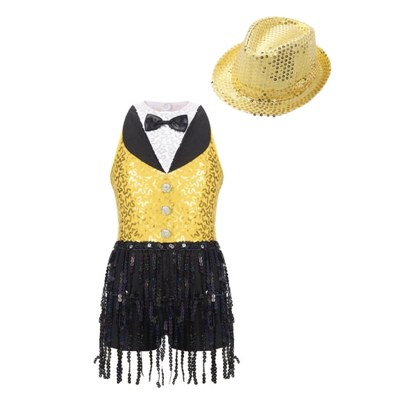 YiZYiF Kids Girls Jazz Hip Hop Dance Outfit Shiny Sequins Tassels Waistline Jumpsuit with Hat Performance Competition Dancewear Gold 8