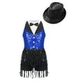 thumbnail image 1 of RUNQHUI Robe Justaucorps de Ballet Jazz Latin Moderne à Sequins Sans Manches pour Filles avec Chapeau Ensemble pour Compétition Performance Bleu Royal&Noir 16, 1 of 5