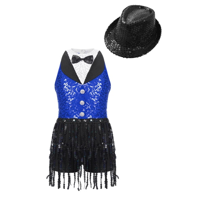 RUNQHUI Robe Justaucorps de Ballet Jazz Latin Moderne à Sequins Sans Manches pour Filles avec Chapeau Ensemble pour Compétition Performance Bleu Royal&Noir 16
