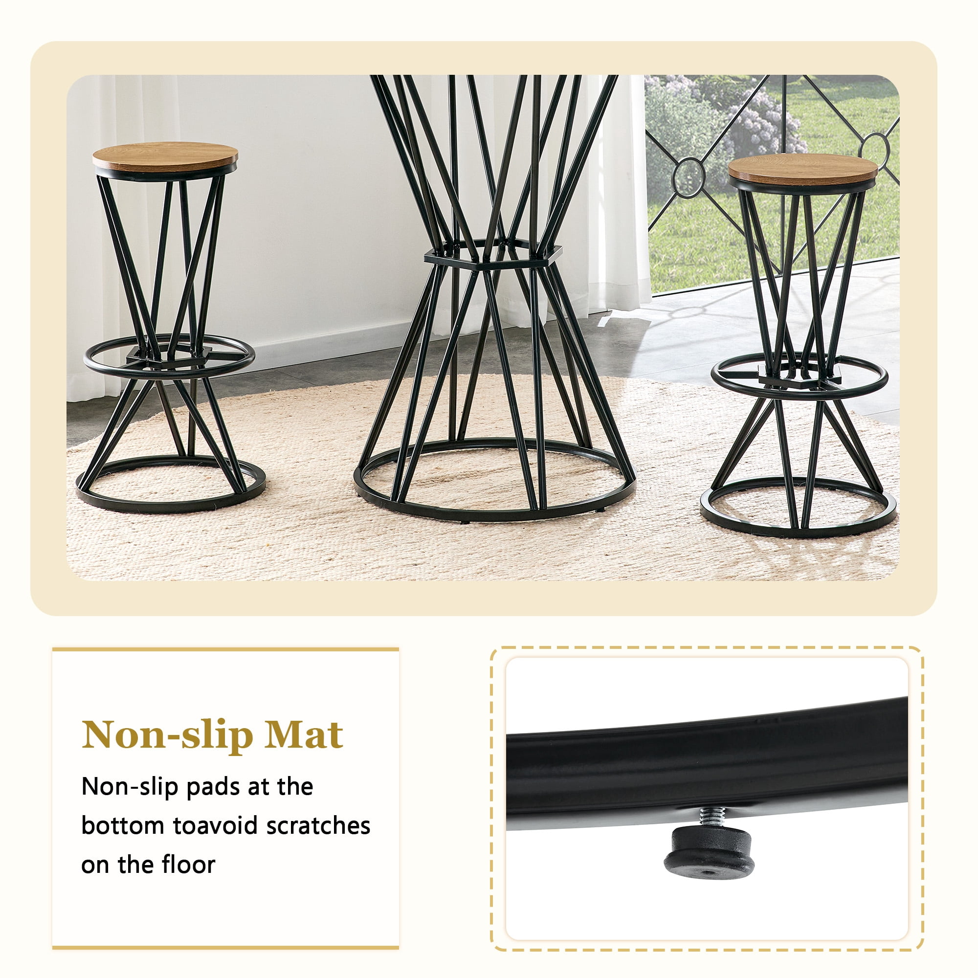 3-Piece Industrial Bar Table and Chair Set, 31.5-Inch Wood Grain MDF Bar Table with Black Metal Frame and 2 Stools, Modern Pub Dining Set for Kitchen Island Home Bar, Black Wood