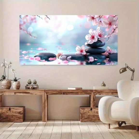 Zen Stones and Cherry Blossoms Framed Canvas Wall Art 48x24 Inch Serene Spa Decor for Living Room Bedroom Bathroom Office Home Decoration