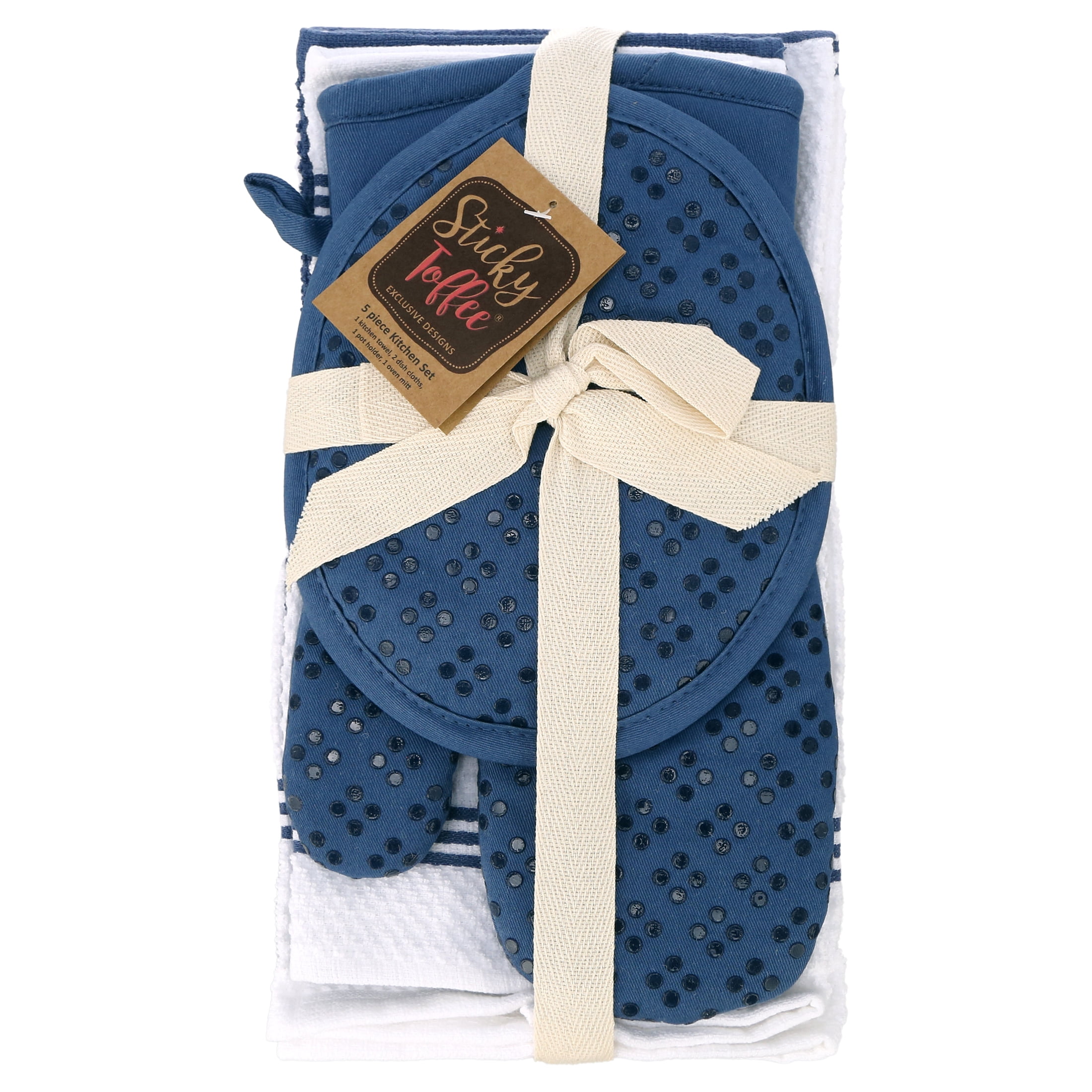 Sticky Toffee Silicone Printed Oven Mitt & Pot Holder, Cotton Kitchen Towel & Dishcloth, Dark Blue, 5 Piece Set