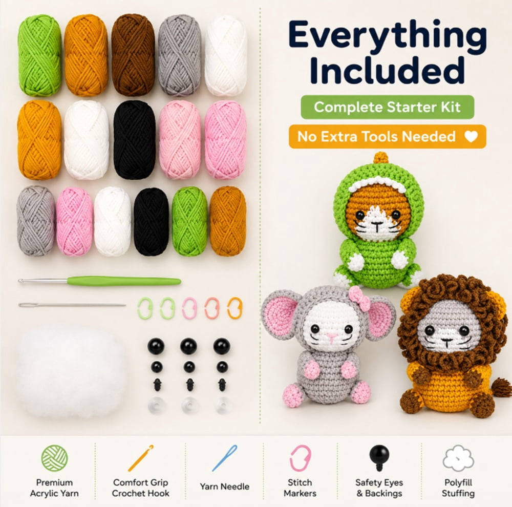 3 Pack Cat Crochet Kit for Beginners, Cat Amigurumi Starter Set with Step by Step Video Tutorials, TIKA