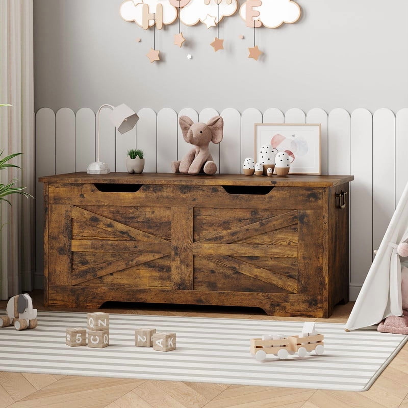 39.4" Storage Chest for Bedroom, Farmhouse Storage Trunk Toy Chest Box with Safety Hinge, Wooden Storage Bench for Living Room, Entryway, Supports 350 lbs, Rustic Brown