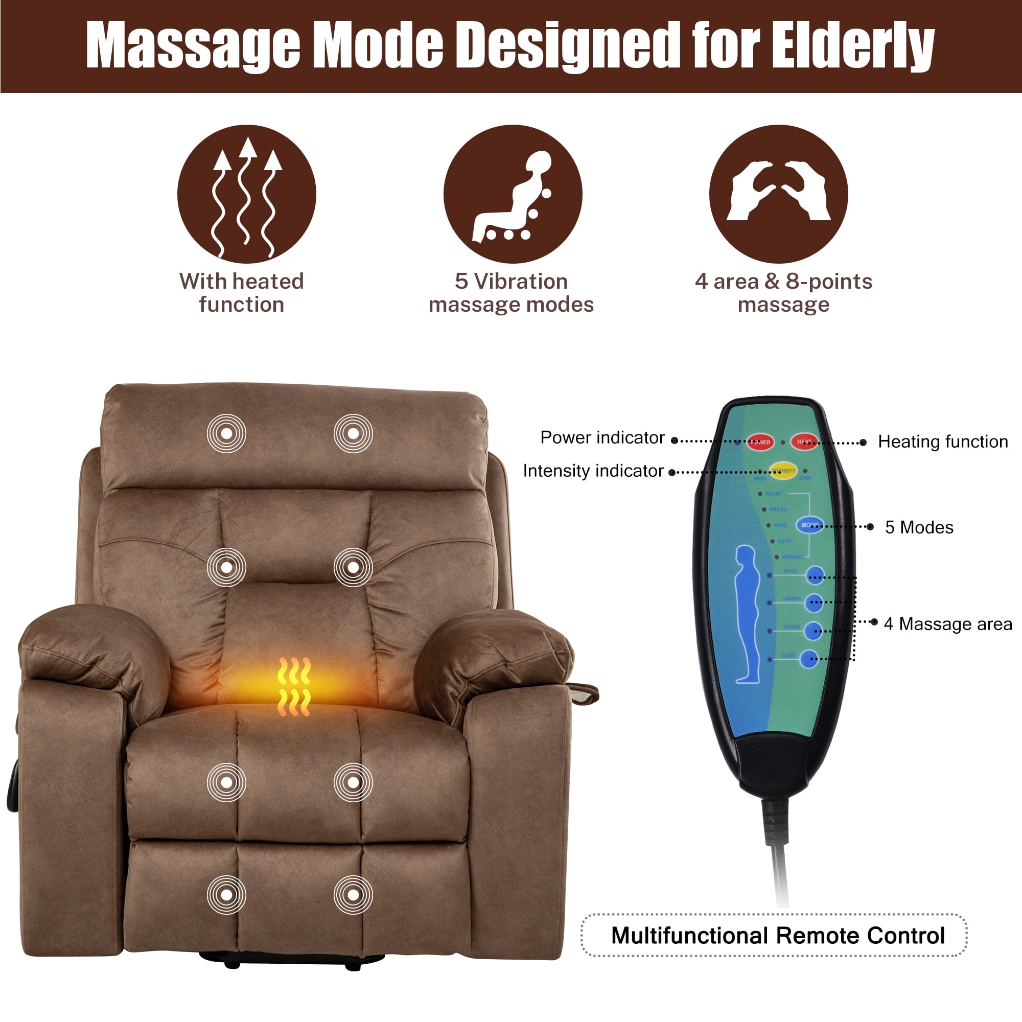 PAPROOS Oversized Electric Massage Lift Chair, Large Power Lift Recliner with Heat Therapy, Fabric Reclining Sofa with Remote, Hidden Cup Holder and Side Pocket for Elderly Seniors, Antique Brown