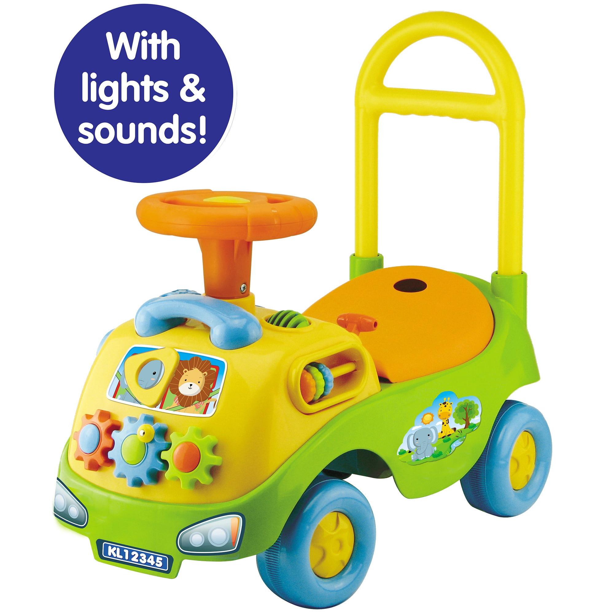 Kiddieland: My First Funtime Ride-On - Safari Animals - Lights & Sounds Foot-To-Floor Vehicle, Interactive Dashboard, Seat Storage, Toddlers 12-36mo
