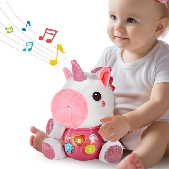 JBeeCtrl Toy for 1 Year Old Girl Light Up Musical Unicorn Plush Toy Soft Stuffed Animal with 12 Songs & Sound Effects 1st Birthday Shower Gift Easter Basket Stuffer