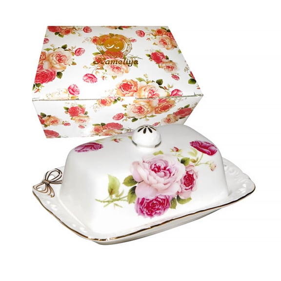 STP GOODS Rose Bow Ceramic Butter Dish with Lid 7.4x5.3" (18.8x13.5 cm) Floral Butter Holder Keeper Storage Container Butter Container for Countertop and Fridge, Pink and White
