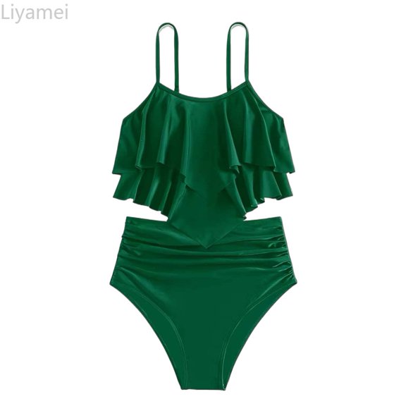 Liyamei Girls Two Piece Swimwear Solid Color Fashion Bikini With Ruffled Back And Tankini Top For Teens And Youth Kids One Piece Swimsuit