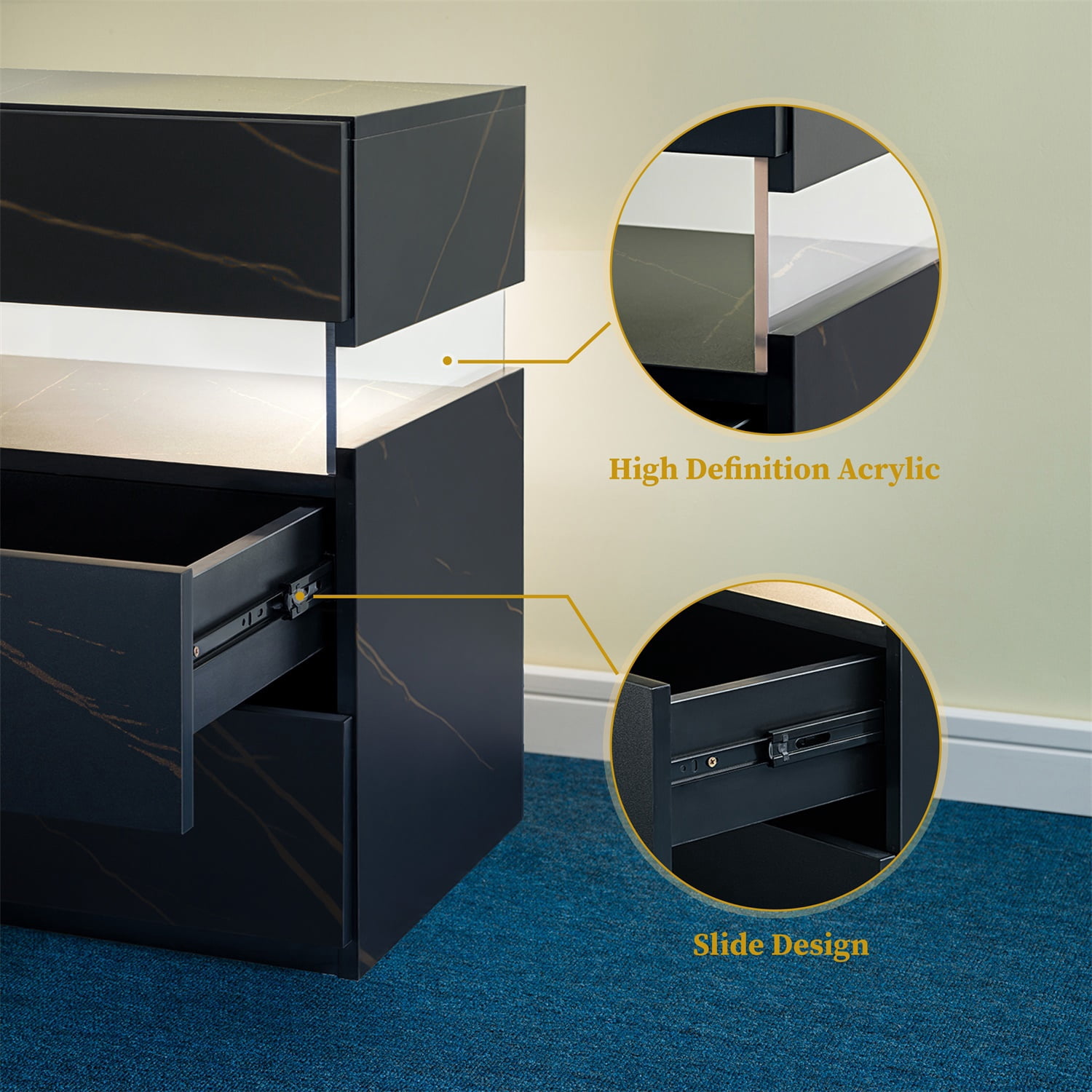 Hommoo 3 Drawer Dresser LED Nightstands, End Table Bedside Tables for Bedroom, Living Room, Black Gold