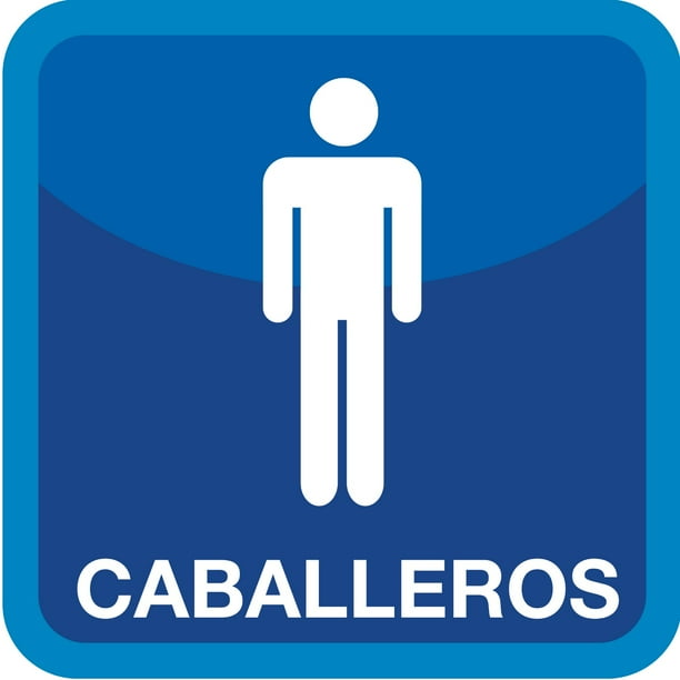 Señalamiento: "Baños, sanitarios, WC para caballeros", azul y blanco. Impreso sobre plástico estireno calibre 40, medidas: 20 x 20 cm, para interiores. Letrero, Señal informativa cuadrada.