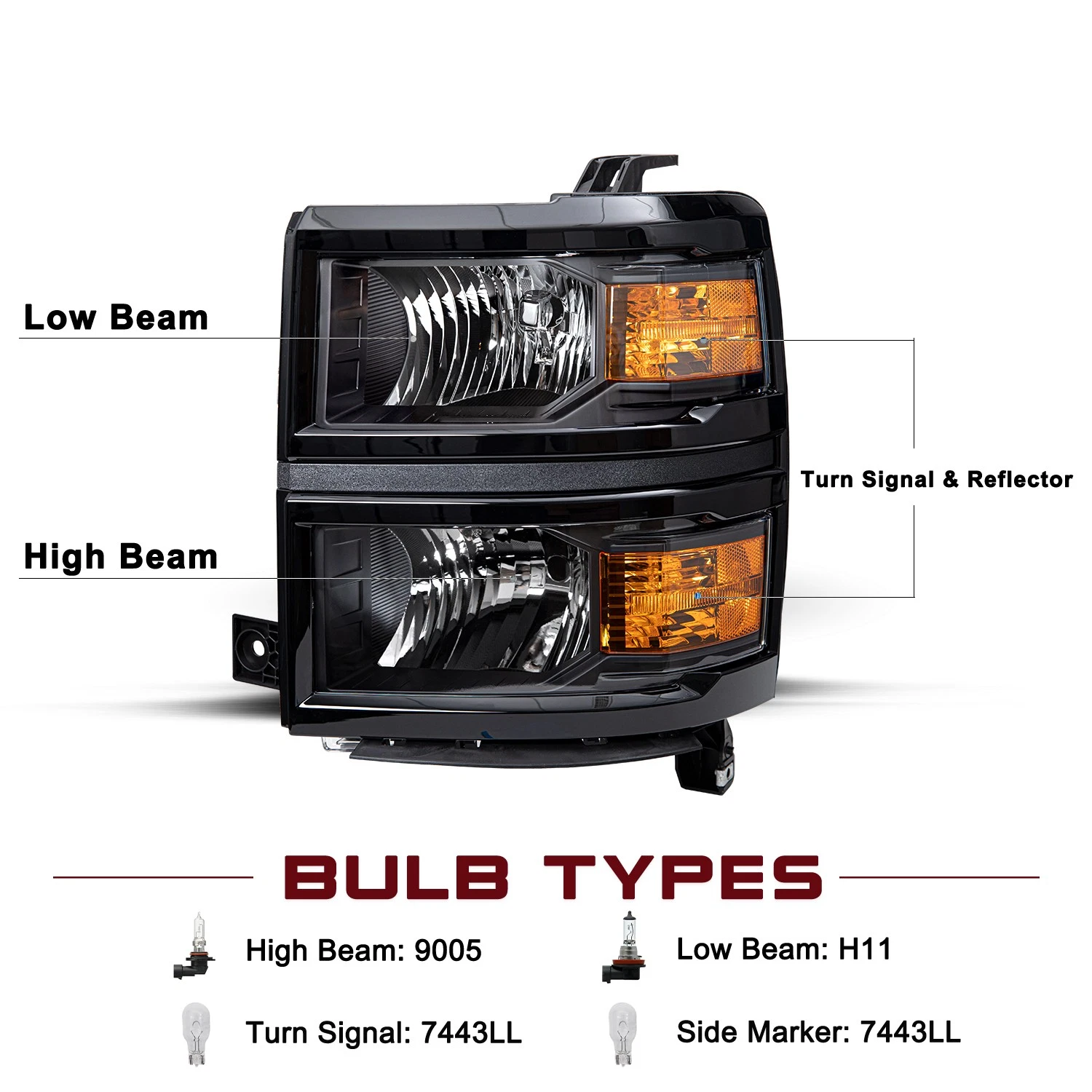 For 2014-2015 Chevy Silverado 1500 Black Amber Headlights Headlamps L+R Pairs