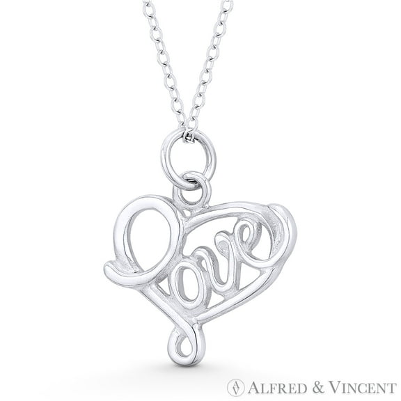 Sideways Cursive Love Script & Heart Charm Pendant & Chain Necklace in .925 Sterling Silver