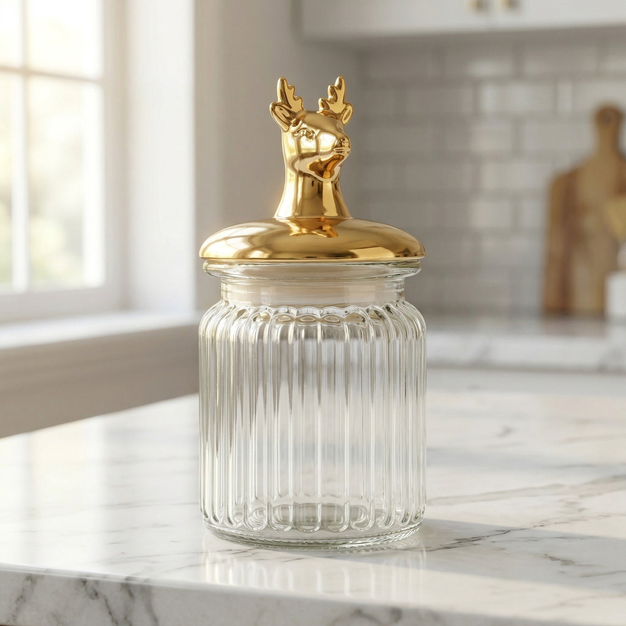 Unique Bargains Decorative Glass Jar With Gold Animal Lid Golden Deer 3" x 3" x 5.5"
