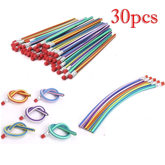 SLUOHZXI 30 Pc Flexible Bendy Pencil,Stripe Rubber Pencil with Erasers,Colorful Bendable Soft Pencils for Gifts,Goodie Bag Fillers