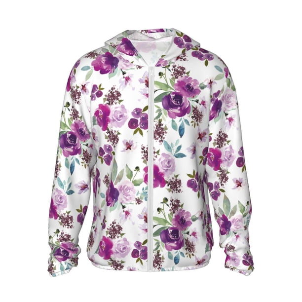 Fotbe Violets Flowers Chaqueta con Protección Solar UPF 50+ para Hombre y Mujer, Camisa con Capucha y Bolsillos-Small