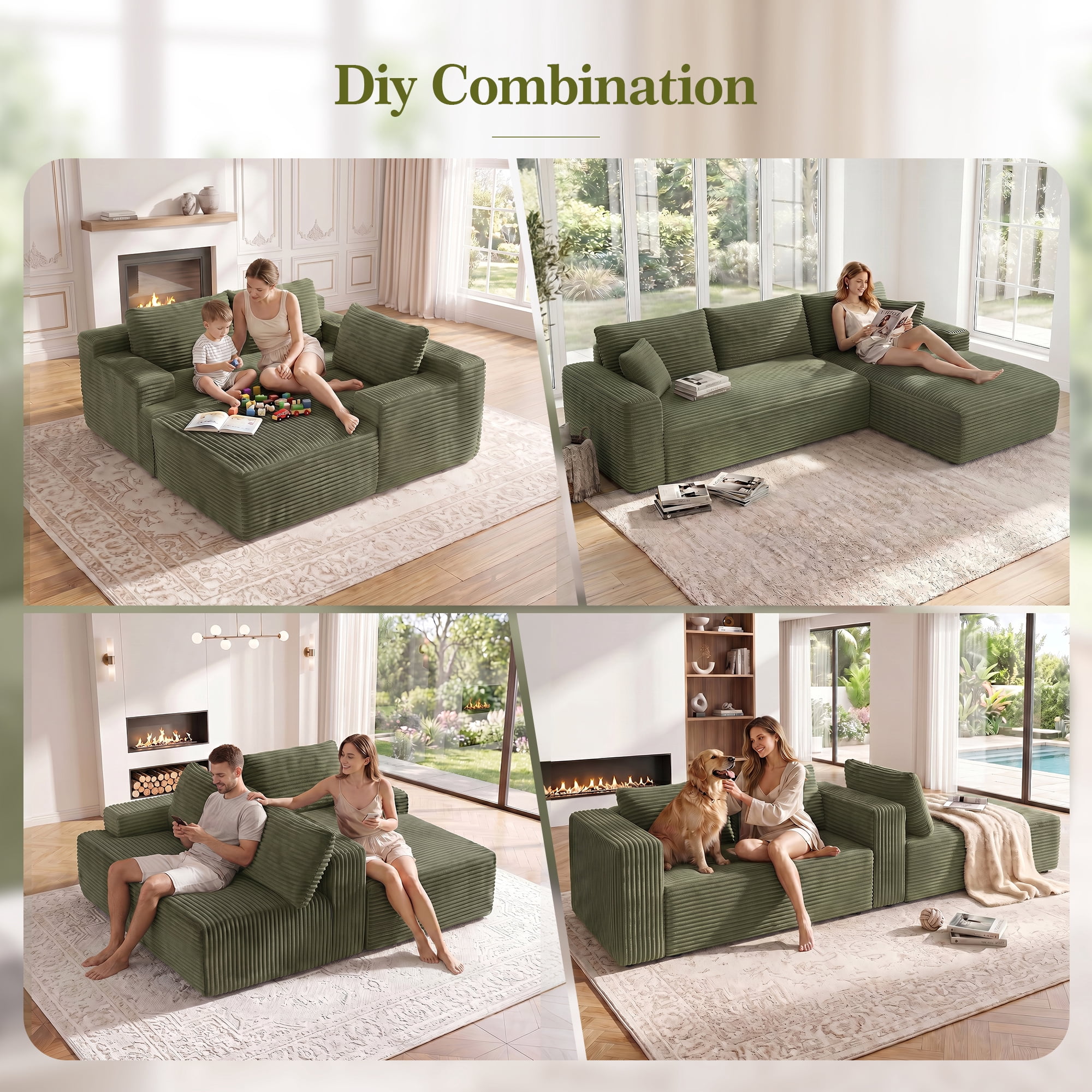 Aukfa 107" Boneless Modular Sectional Sofa, L-Shaped Corduroy Couch with Deep Seat and Right-Facing Chaise for Living Room, Green