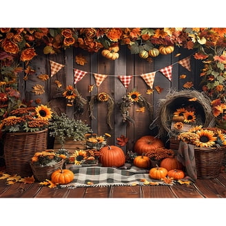 10x10FT Fall Thanksgiving Backdrop - Pumpkin, Maple Leaves, Sunflower Wooden Barn Scene