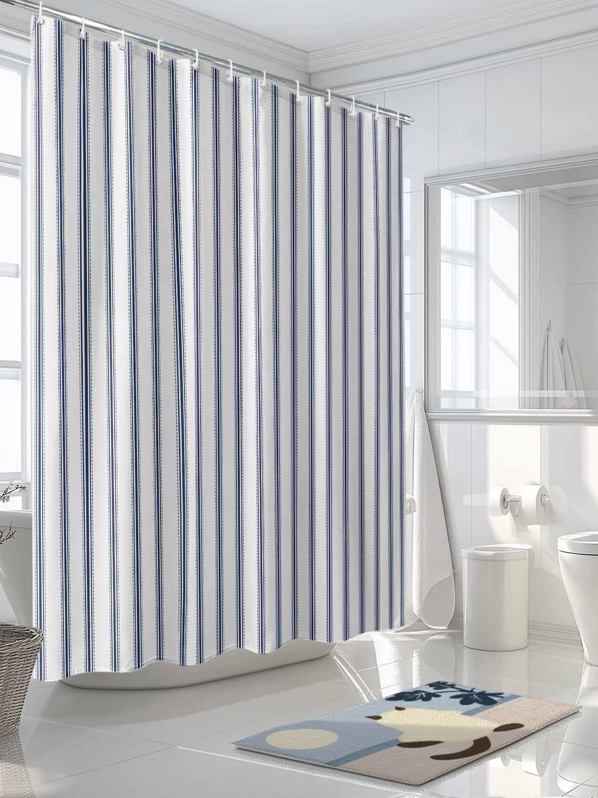 Navy Blue Striped Standard Shower Curtain Set, Waterproof Shower Curtains for Bathroom, Navy Blue White Stripes Farmhouse Washable Fabric Cloth Bath Curtain for Bathtub with Hooks 72x72 Inches