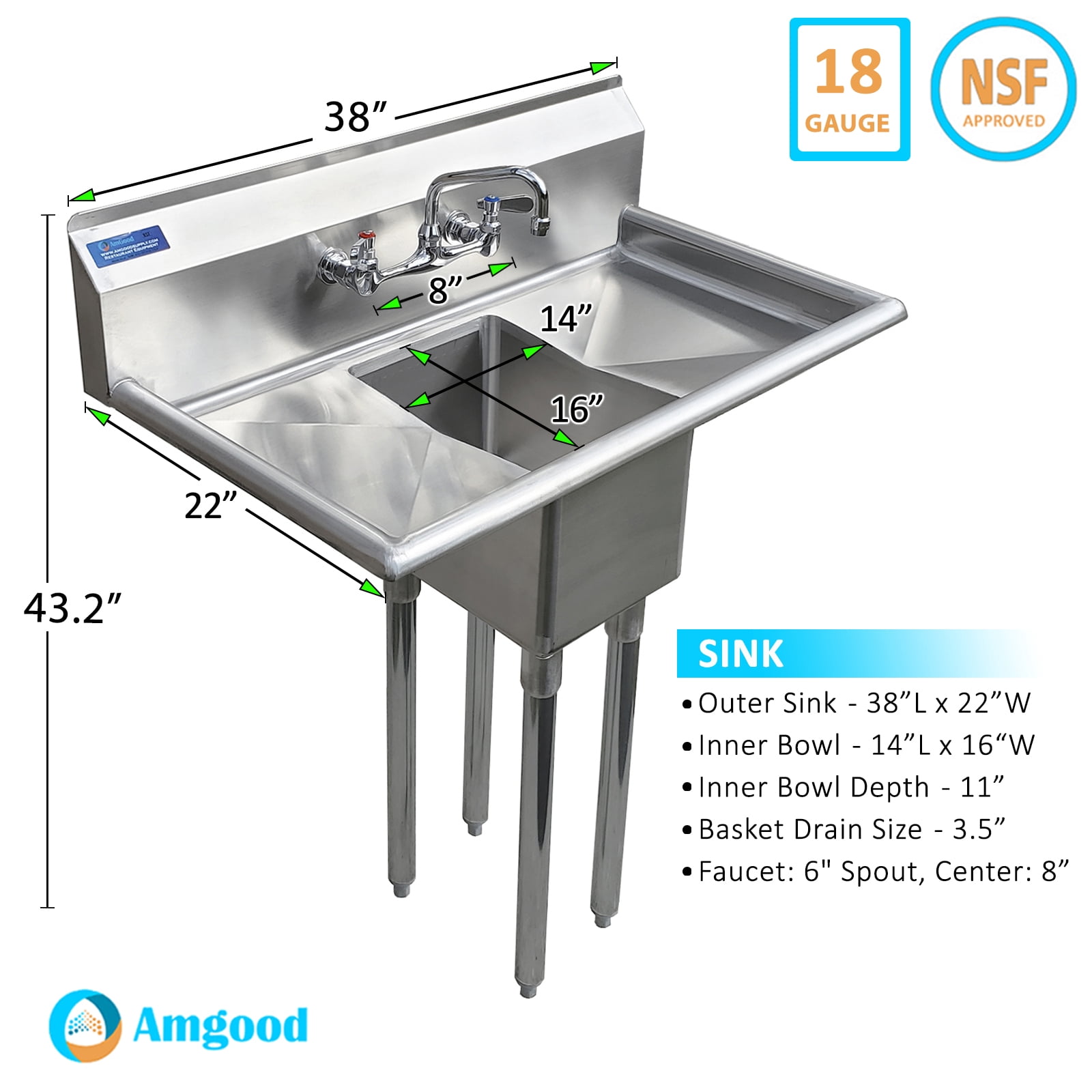 14″ x 16″ x 11″ with 12″ Left and Right Drainboards with Faucet One Compartment Stainless Steel Commercial Kitchen Prep & Utility Sink | NSF