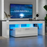 UHOMEPRO TV Stand for TV up to 55, High Gloss Entertainment Center with RGB LED Lights and Storage Shelves, White Media Console for Living Room