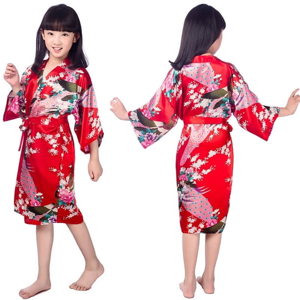 Camisón largo con estampado de peonías y pavo real para niña, bata de baño de verano de seda sintética fina para niños, cárdigan para el hogar