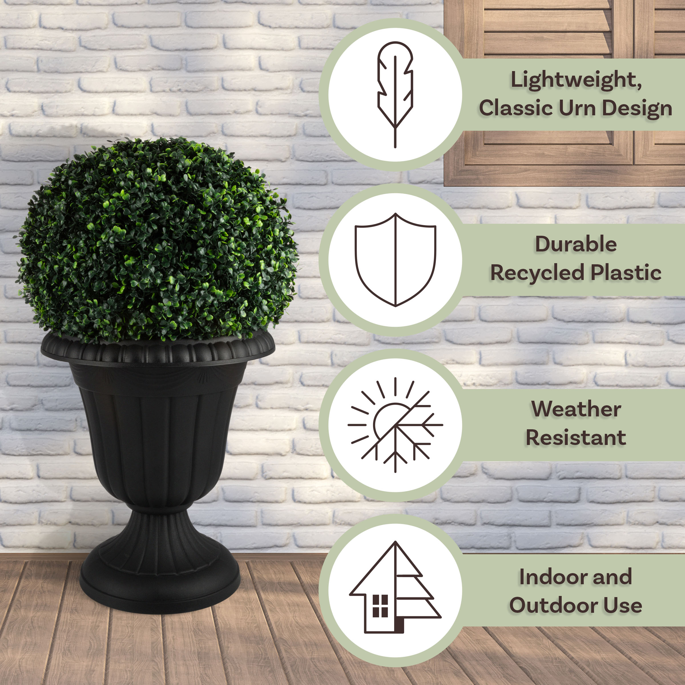 Pure Garden 16x18-Inch Outdoor Planter 2-Pack - Plastic Urn Planters, Black